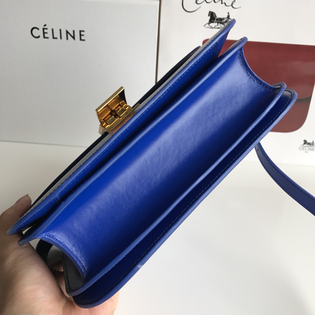 CELINE全新升级classic box 电光蓝 水晶皮 平纹 金扣 搭配羊皮内里 完美复古包 24cm