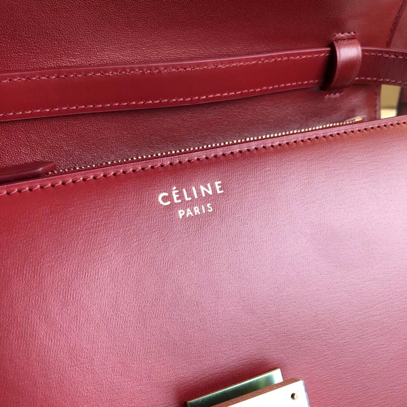 CELINE Classic box 全新品质升级 box 进口皮手搓纹 钢扣 24cm 深红色