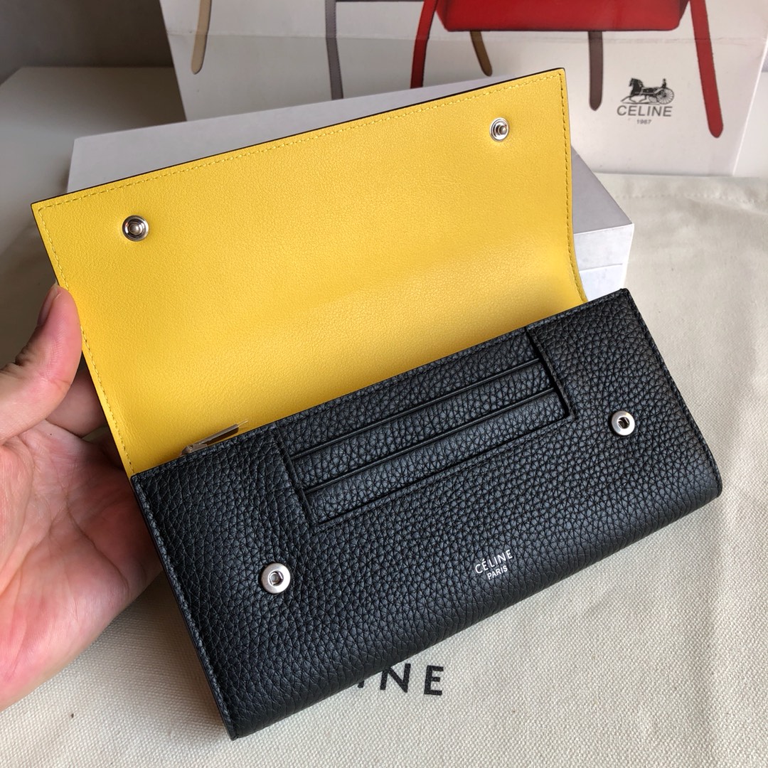 CELINE 0172 黑色 荔枝纹/黄色 19cm 长款钱包 卡包
