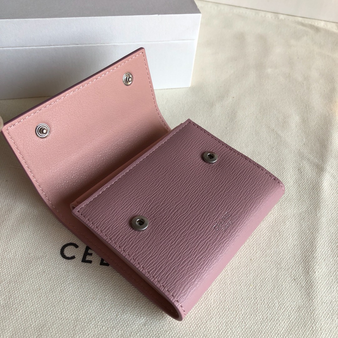 CELINE 12厘米 粉色 水波纹 三折钱包 原厂定制五金