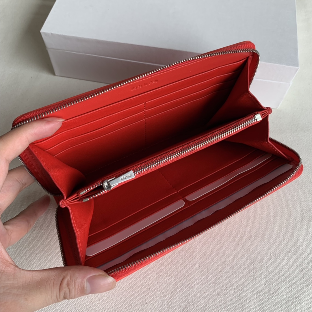 CELINE 19厘米 桔红色水波纹拉链钱包